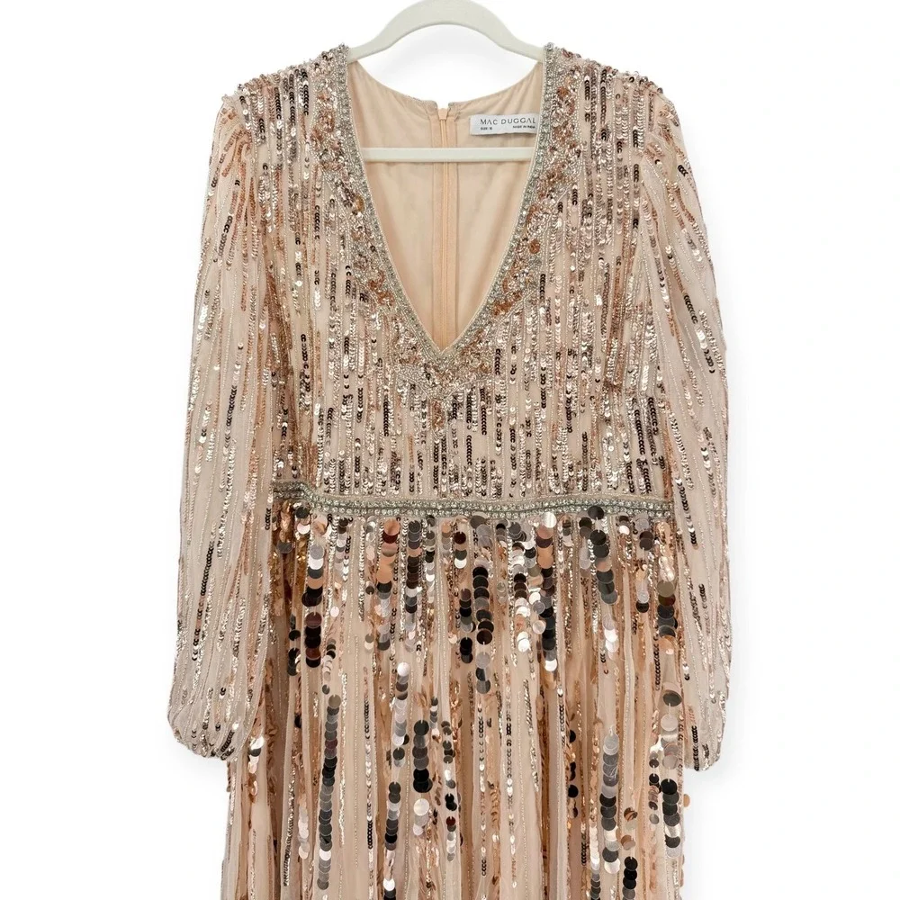 NWT Mac Duggal Beige Embellished Mesh Long Sleeve V Neck Gown $698 - Size 16